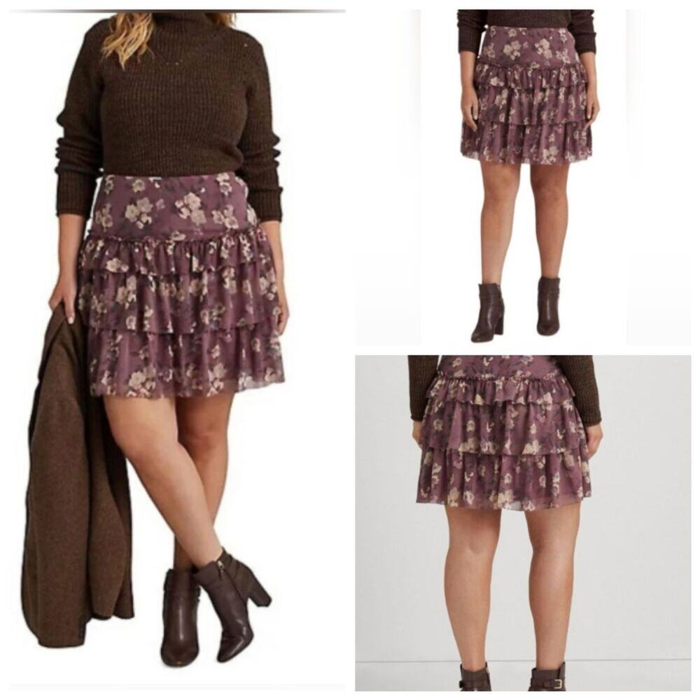 NWT Lauren Ralph Lauren Floral Crinkle Ruffle Tiered Georgette Skirt Mauve 22W